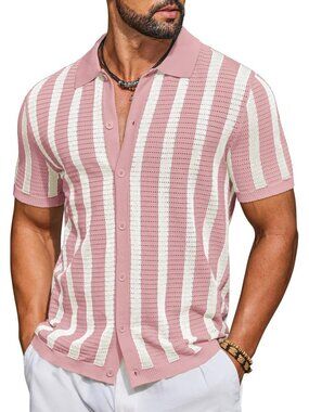 Men's Pink & Beige Knit Striped Polo Short Sleeve Summer Beach Casual Shirt